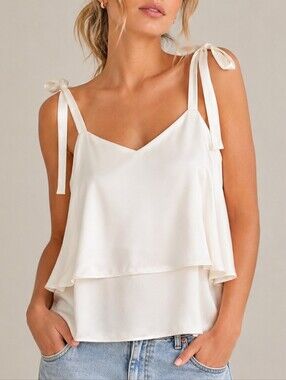 CO Collection Japanese Fabric White Tiered Tie Shoulder Camisole Top Womens M